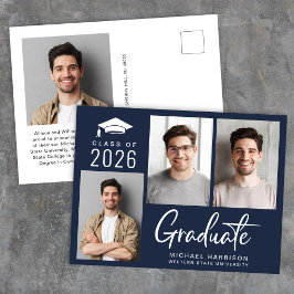Cartão Postal De Anúncio Graduação Azul de Script de Foto Moderna