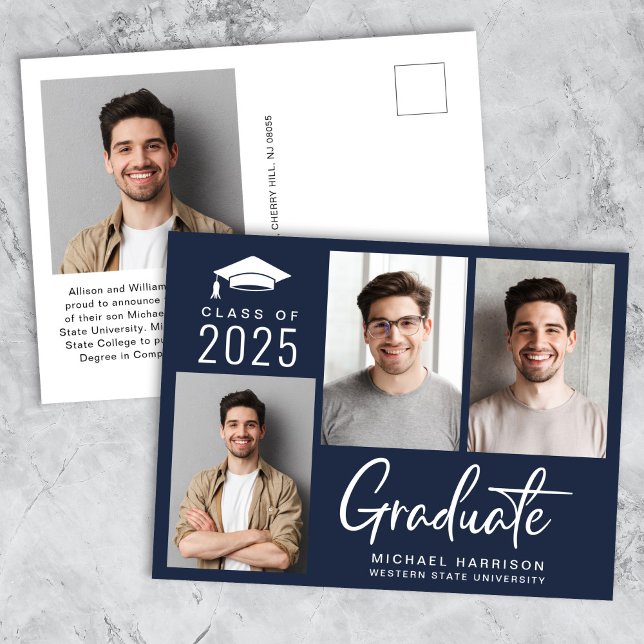 Cartão Postal De Anúncio Graduação Azul de Script de Foto Moderno 3 (Criador carregado)