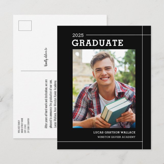 Cartão Postal De Anúncio Graduação de Foto Branca Simples e Preta Moderna (Frente/Verso)