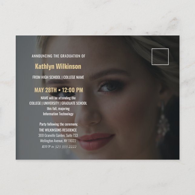 Cartão Postal De Anúncio Graduação de Foto com Script Glitter Dourado Azul  (Verso)