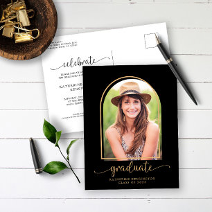 Cartão Postal De Anúncio Graduação de Foto Dourada em Arco Moderno