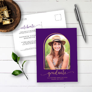 Cartão Postal De Anúncio Graduação de Foto Dourada Roxo de Arco Moderno