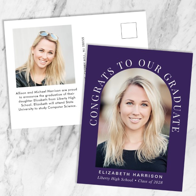 Cartão Postal De Anúncio Graduação de Foto em Púrpura em Arch Elegante (Criador carregado)
