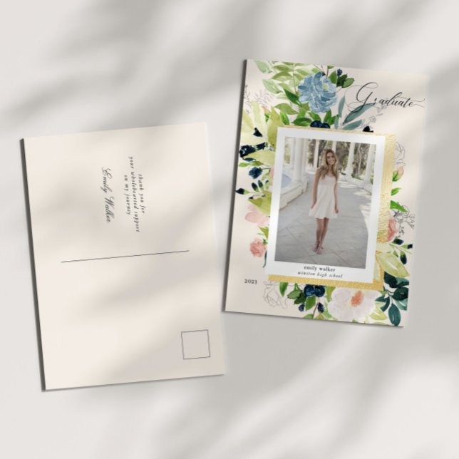 Cartão Postal De Anúncio Graduação de Foto Floral Blush Azul-Meia-Noite (Criador carregado)