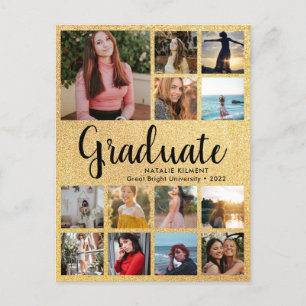 Cartão Postal De Anúncio Graduação em Preto e Dourado Colagem de 14 Fotos G