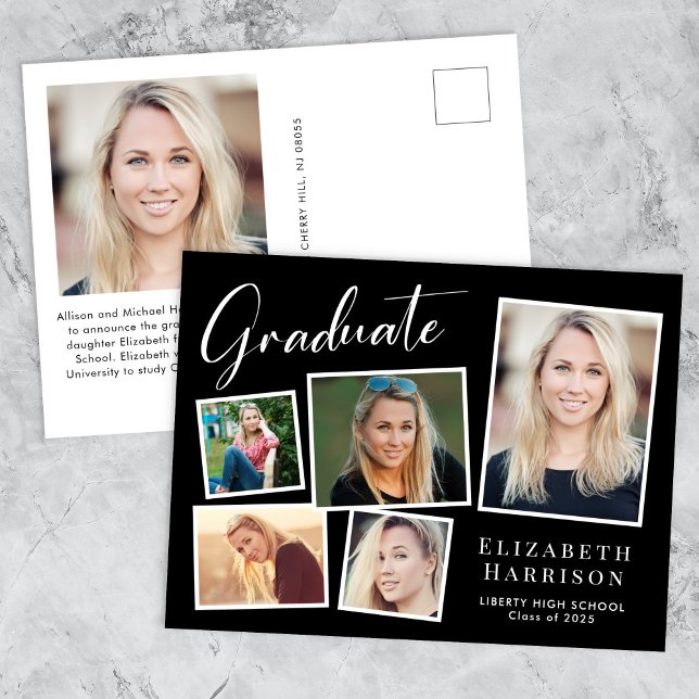 Cartão Postal De Anúncio Graduação em Preto para Colagem de Fotos Moderna (Cherish the milestone: share your graduate's achievement with a custom photo graduation announcement)