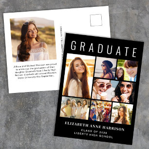 Cartão Postal De Anúncio Graduação Preta Moderna de 8 Fotos