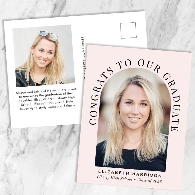 Cartão Postal De Anúncio Graduação Rosa de Foto em Arch Elegante (Criador carregado)