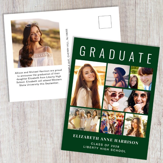 Cartão Postal De Anúncio Graduação Verde com 8 Fotos Moderna (Criador carregado)