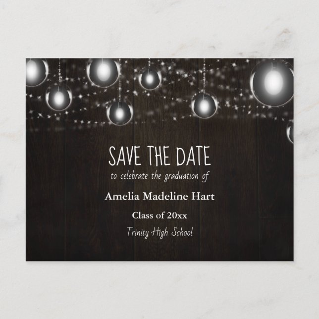 Cartão Postal De Anúncio Graduation Country | String Lights Save The Date  (Frente)