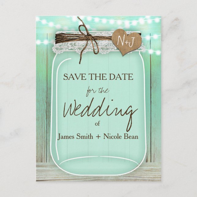 Cartão Postal De Anúncio Grande Mason Jar Mint + Luzes Russas Salvar Data (Frente)