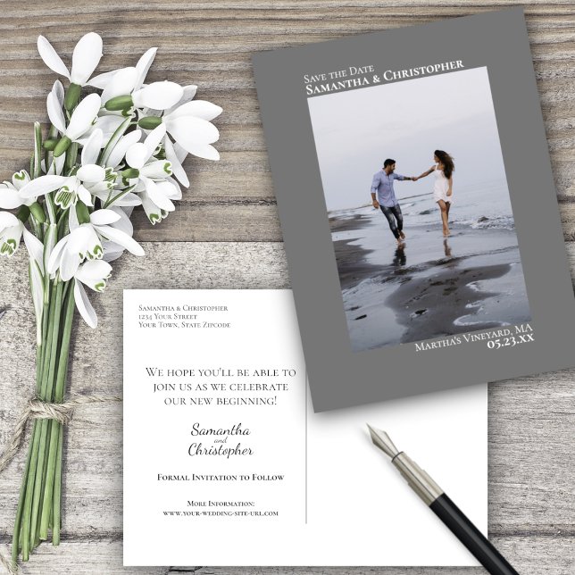 Cartão Postal De Anúncio Gray Simple Minimalist Wedding Photo Save The Date (Criador carregado)