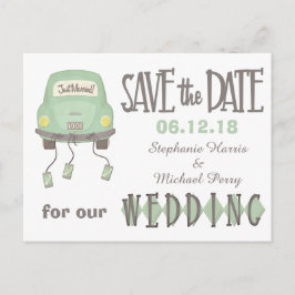 Cartão Postal De Anúncio Green Honeymoon Carro Salve a data de casamento