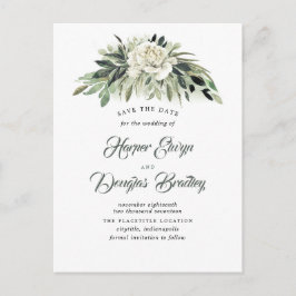 Cartão Postal De Anúncio Greenery e White Peony Vintage Salvar a Data