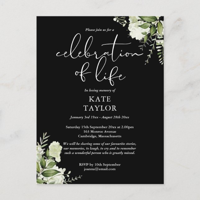 Cartão Postal De Anúncio Greenery Floral Celebration of Life Memorial (Frente)