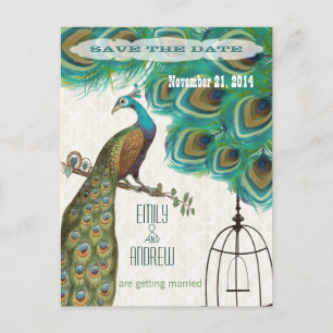 Cartão Postal De Anúncio Grelha de madeira Save the Date Pavão Passarinho