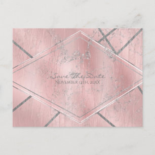 Cartão Postal De Anúncio Grelha Sparkle Rosa e Silver Satin Salva a Data
