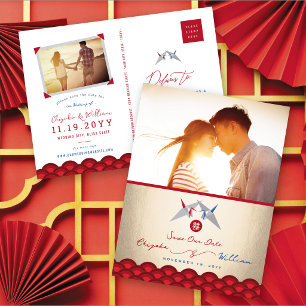 Cartão Postal De Anúncio Grisalvas Asiáticas de Casamento de Papel Vermelho