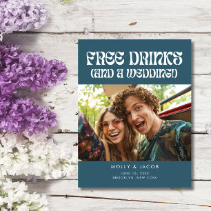 Cartão Postal De Anúncio Groovy Retro Bebidas Grátis Casamento Salve a Data