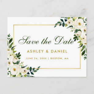 Cartão Postal De Anúncio Guardar A Data De Aquarela Verde Floral Dourada