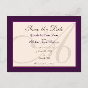 Cartão Postal De Anúncio Guardar o Cartão-Postal Roxo Monograma Elegante