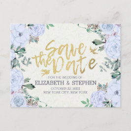 Cartão Postal De Anúncio Guardar o Script Dourado Floral de Data Elegante