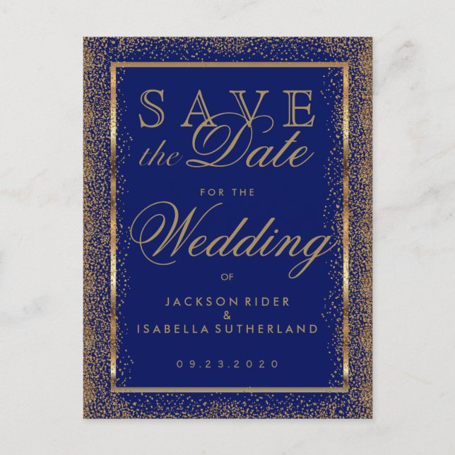 Cartão Postal De Anúncio Guarde a Data Dourada Confetti e Azul Escuro (Frente)