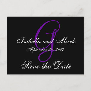 Cartão Postal De Anúncio Guarde a data, inicial, monograma, preto, roxo