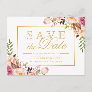Cartão Postal De Anúncio Guarde a data legante do quadro Dourado Floral cor