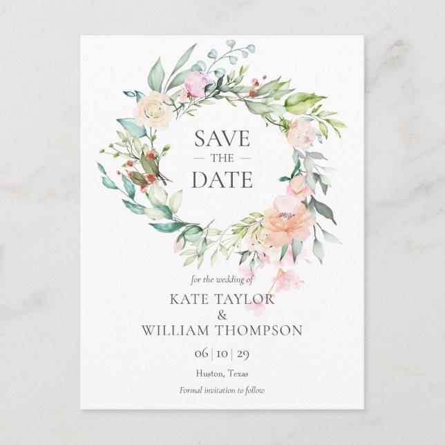 Cartão Postal De Anúncio Guirlanda de Rosas de Verão Save the Date (Frente)