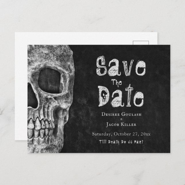 Cartão Postal De Anúncio Halloween Do Caveira Gótica Salve A Data (Frente/Verso)