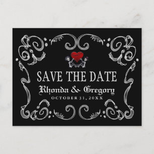 Cartão Postal De Anúncio Halloween Skeletons Heart PHOTO on Back Save Date