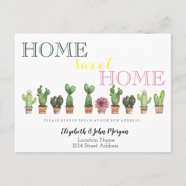 Cartão Postal De Anúncio Home Sweet Home,Cactus Floral Novo Endereço (Frente)