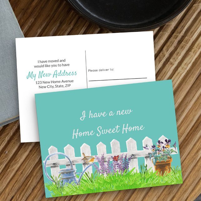 Cartão Postal De Anúncio Home Sweet Home White Picket Fence My New Address (New Address postcard with idyllic cottage garden scene)