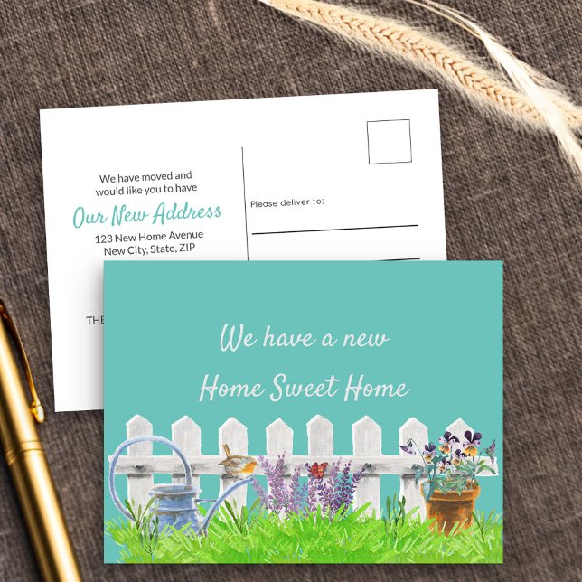Cartão Postal De Anúncio Home Sweet Home White Picket Fence Novo Endereço (New Address postcard announcing your new home sweet home)