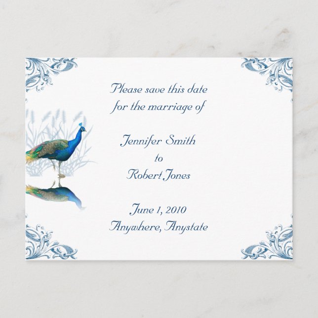 Cartão Postal De Anúncio Horário de Peacock Salvar a Data (Frente)