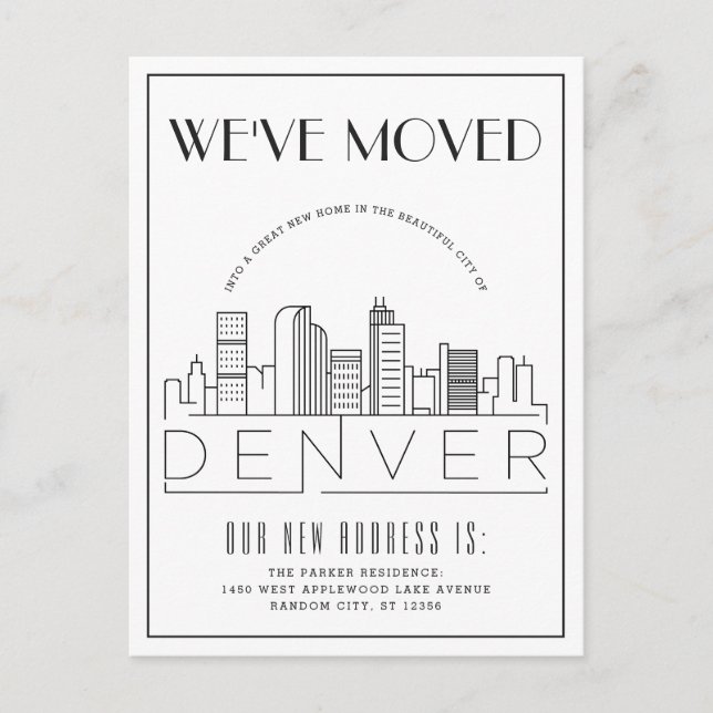 Cartão Postal De Anúncio Horizonte de Denver Moderno Deco | Mudança de Ende (Frente)