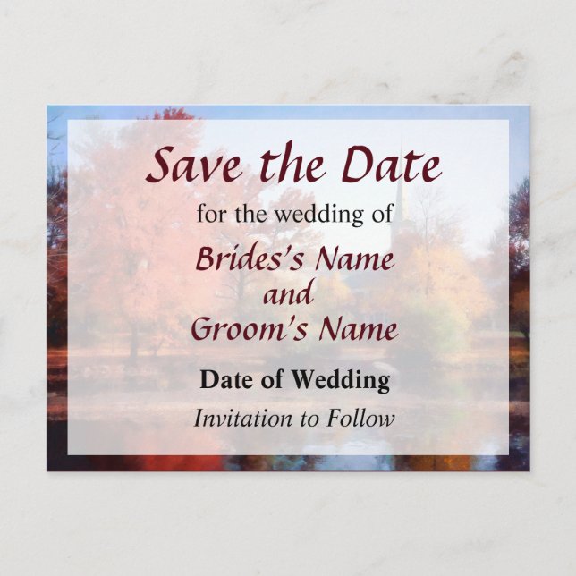 Cartão Postal De Anúncio Igreja no outono Salve a Data (Frente)