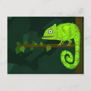 Cartão Postal De Anúncio Ilustração de Camaleão Verde Fofo Réptil Tropical