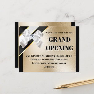 Cartão Postal De Anúncio Inauguração de negócios com laço branco dourado e