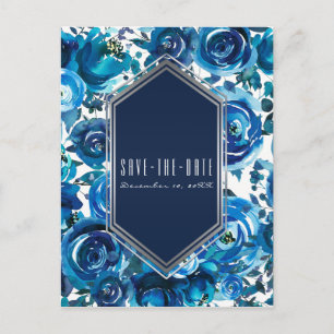 Cartão Postal De Anúncio Indigo Floral Flores Casamento Salve a Data