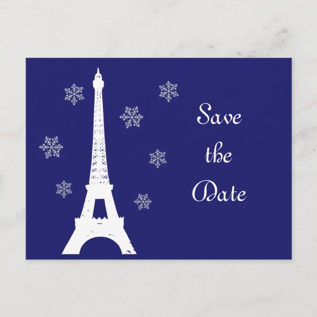 Cartão Postal De Anúncio Inverno em Paris Salve a data Cartaz índigo (Frente)