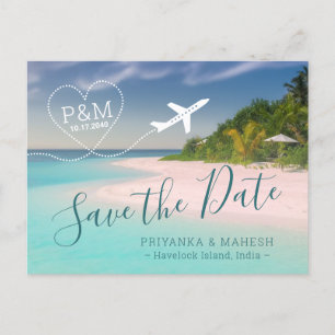 Cartão Postal De Anúncio Island Beach Wedding Heart Airplane Save the Date