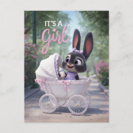 Cartão Postal De Anúncio It’s a Girl: Baby Bunny in Pink Lace Stroller