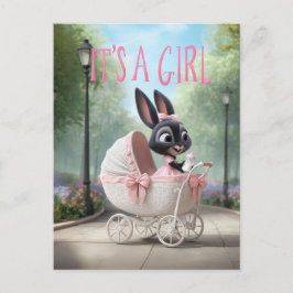 Cartão Postal De Anúncio It’s a Girl: Cute Baby Bunny Pink Vintage Stroller