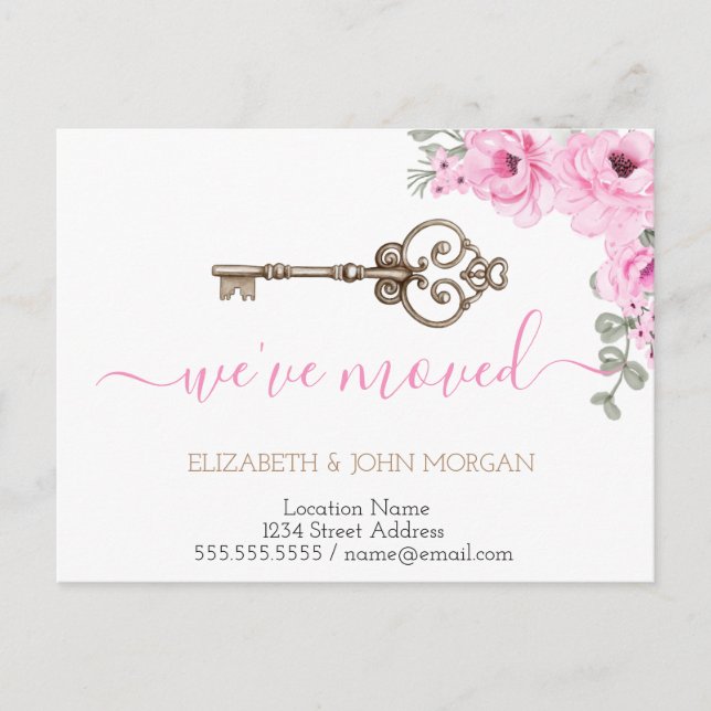 Cartão Postal De Anúncio  I've Moved Key Flowers New Address Announcement  (Frente)