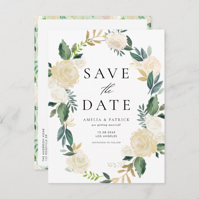 Cartão Postal De Anúncio Ivory Floral Wreath QR Code Salvar Data (Frente/Verso)