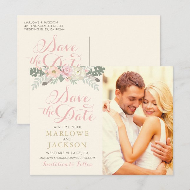 Cartão Postal De Anúncio Ivory Pink Floral Boho Foto Dourada Salvar Data (Frente/Verso)