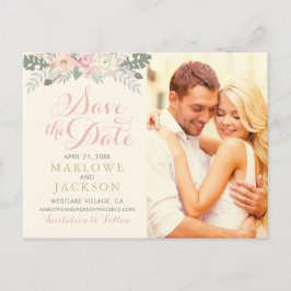 Cartão Postal De Anúncio Ivory Pink Floral Boho Foto Dourada Salvar Data