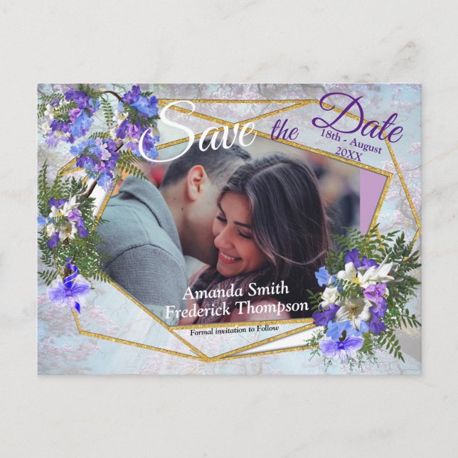 Cartão Postal De Anúncio Jacaranda Blooms & Lily Buquê Salvem as Datas (Frente)